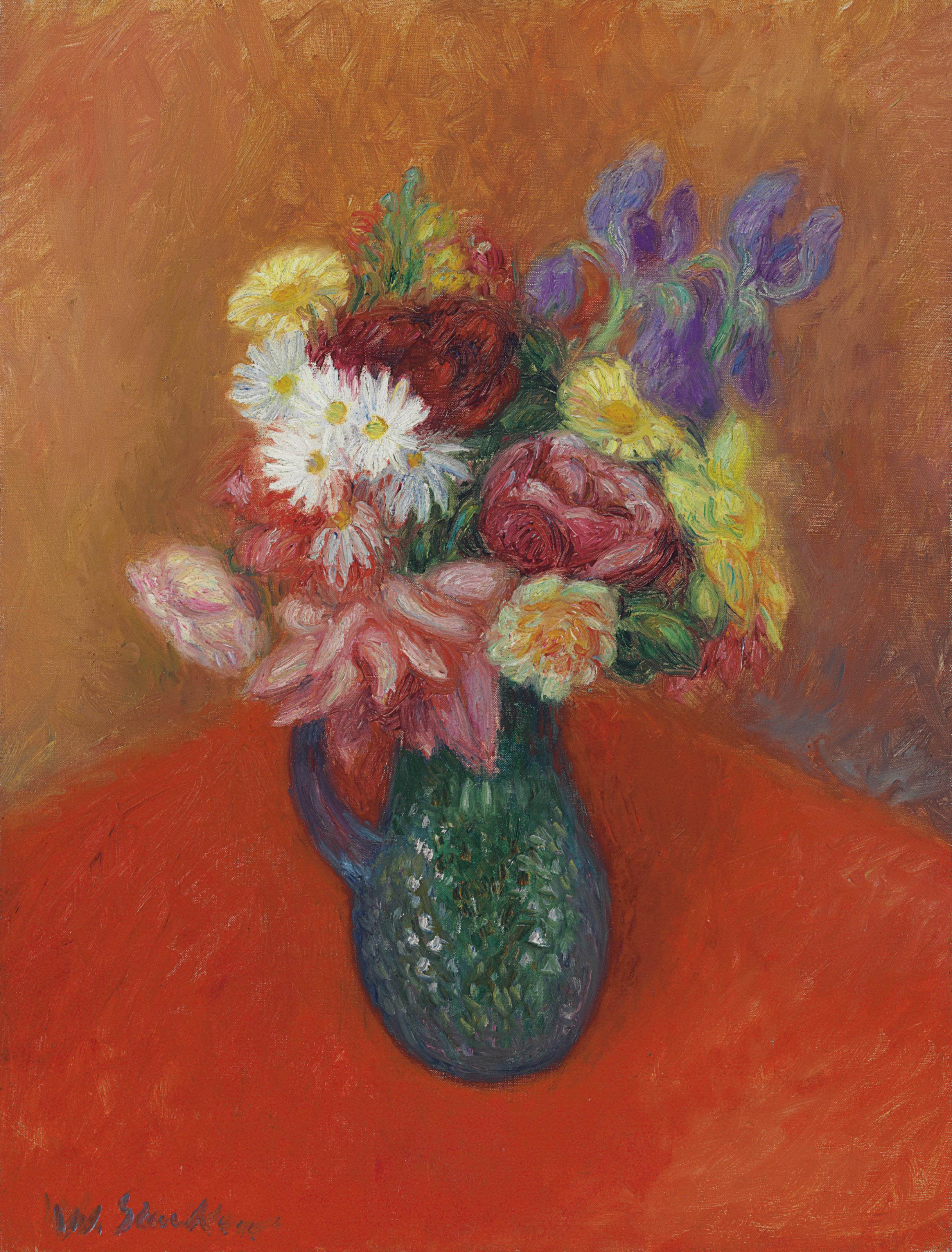 William Glackens — Цветы на красной скатерти