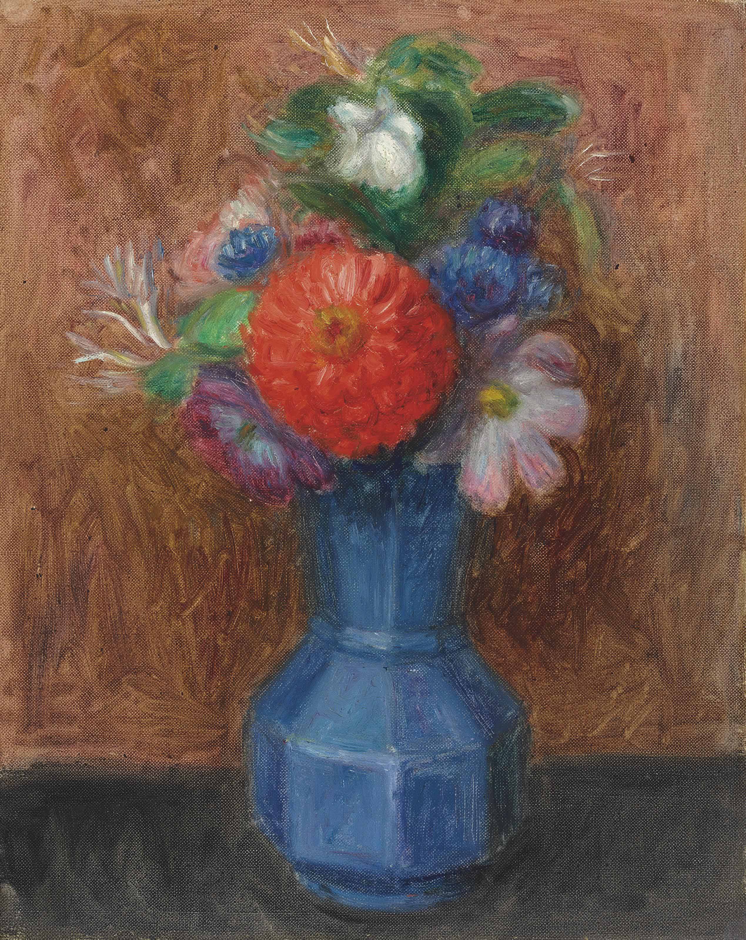 William Glackens — Цветы в голубой восьмиугольной вазе