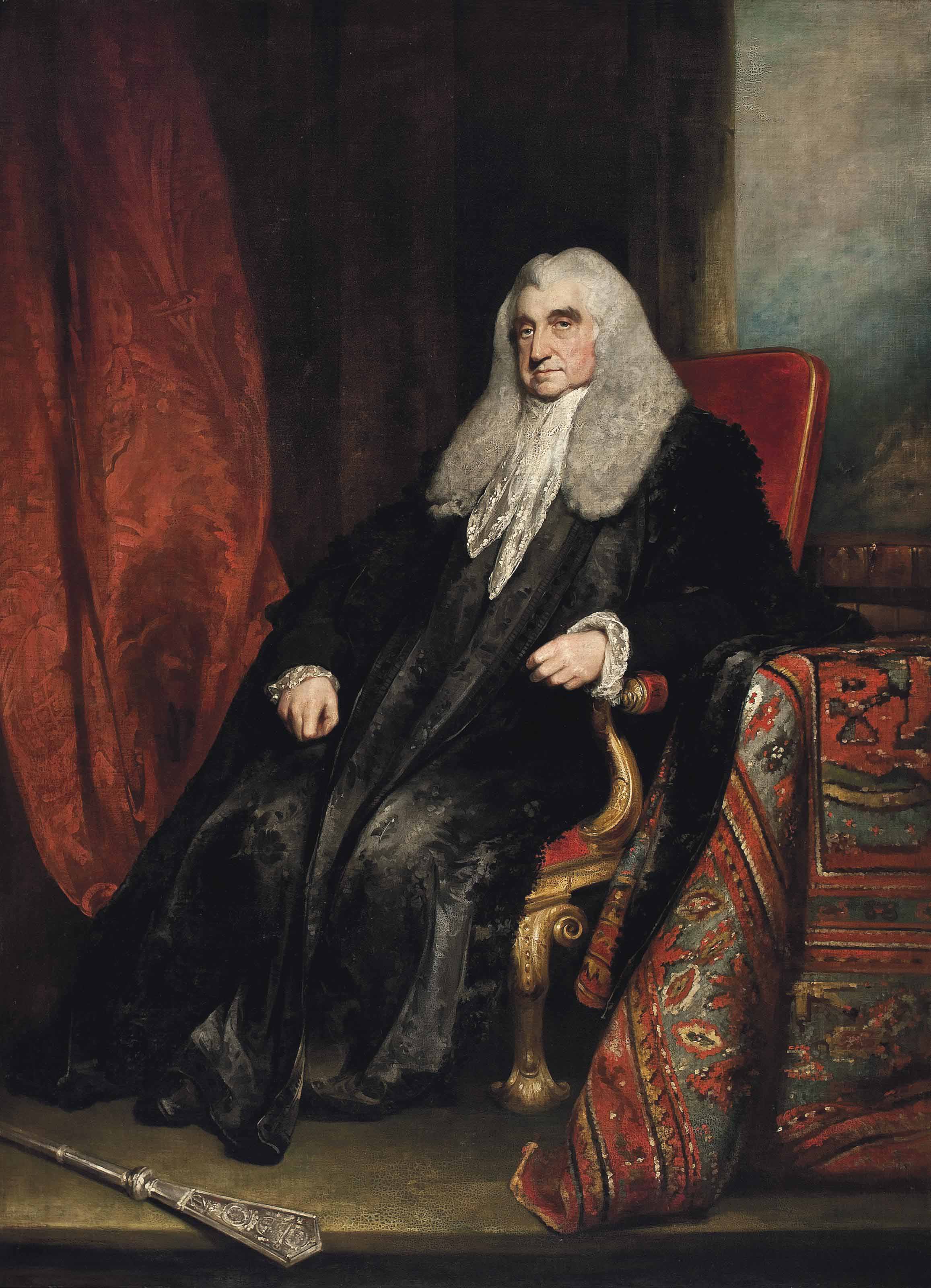 William Scott — Портрет Уильяма Скотта, 1-го барона Стоуэлла (1745-1836), в полный рост, сидящего за столом в интерьере