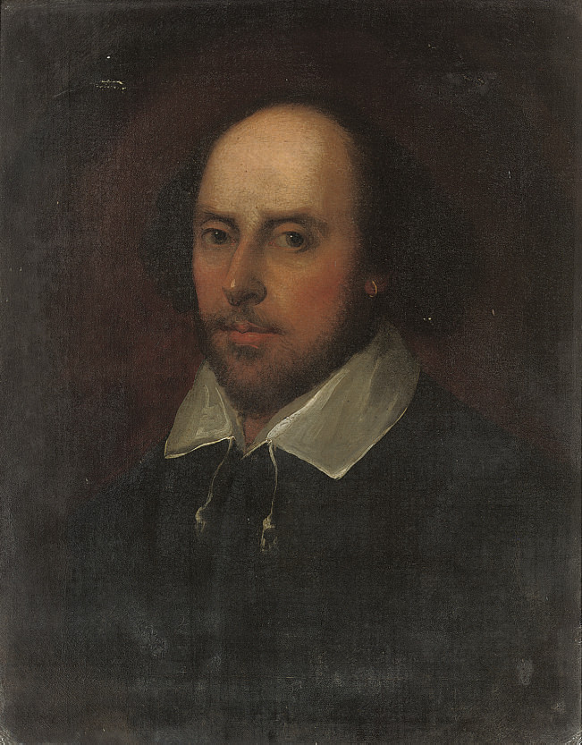 William Shakespeare — Портрет Уильяма Шекспира (1564-1616), во весь рост, в черном сюртуке с белым воротничком, в искусственном овальном