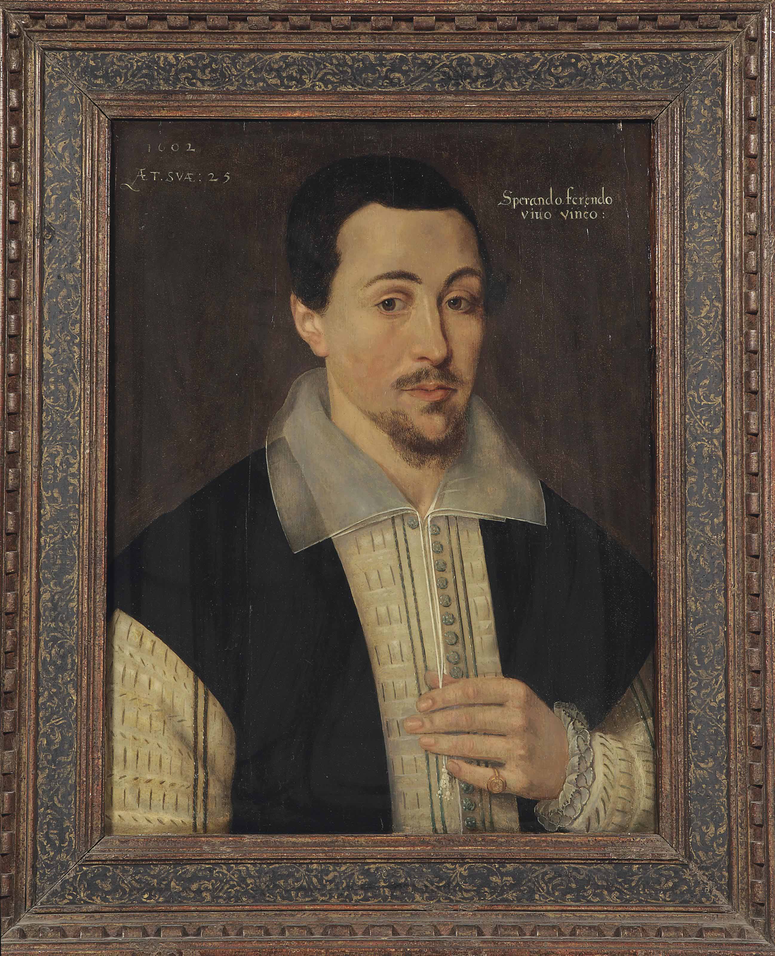 William Shakespeare — Портрет джентльмена, предположительно Уильяма Шекспира (1564-1616), во весь рост, в черном камзоле с белой туникой и золотым перстнем-печаткой.