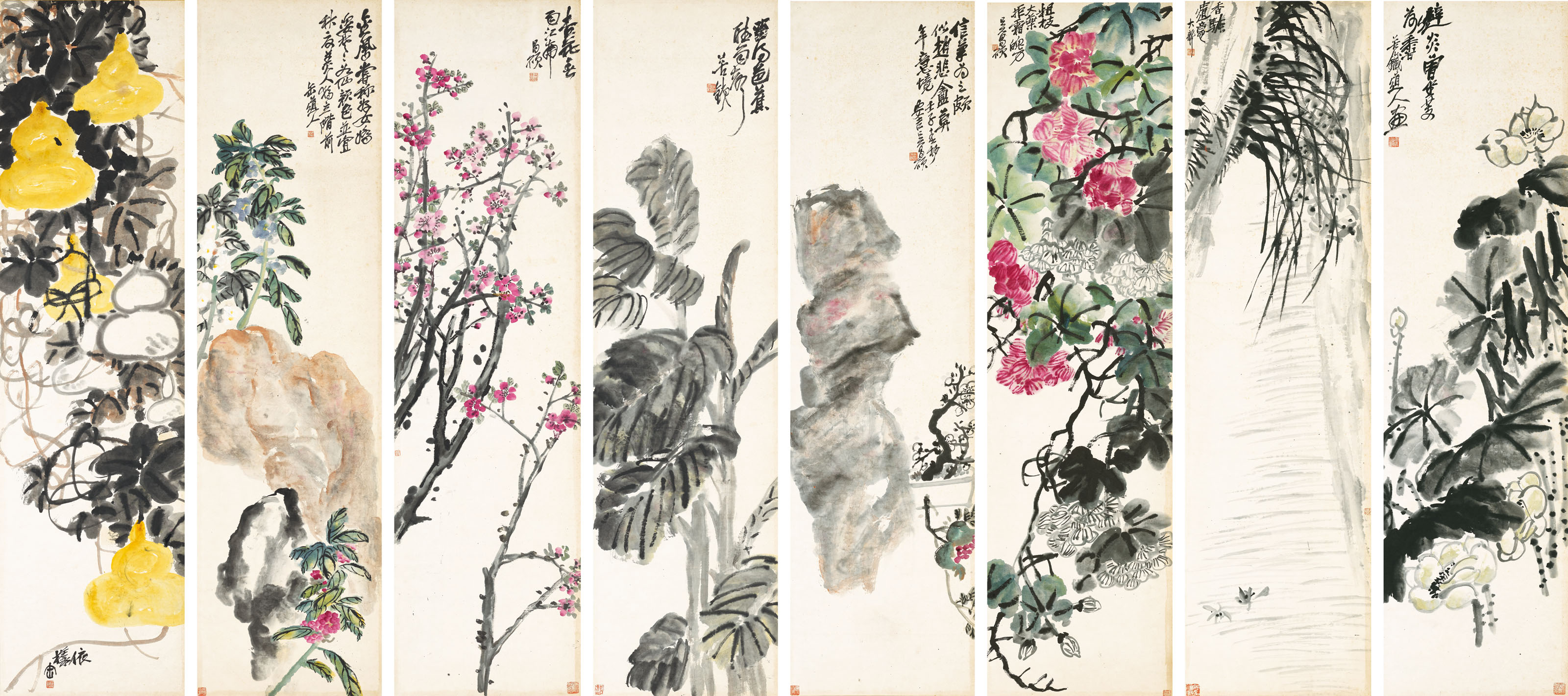 Wu Changshuo — Панно-ширмы из цветов и каллиграфии, изображение 2