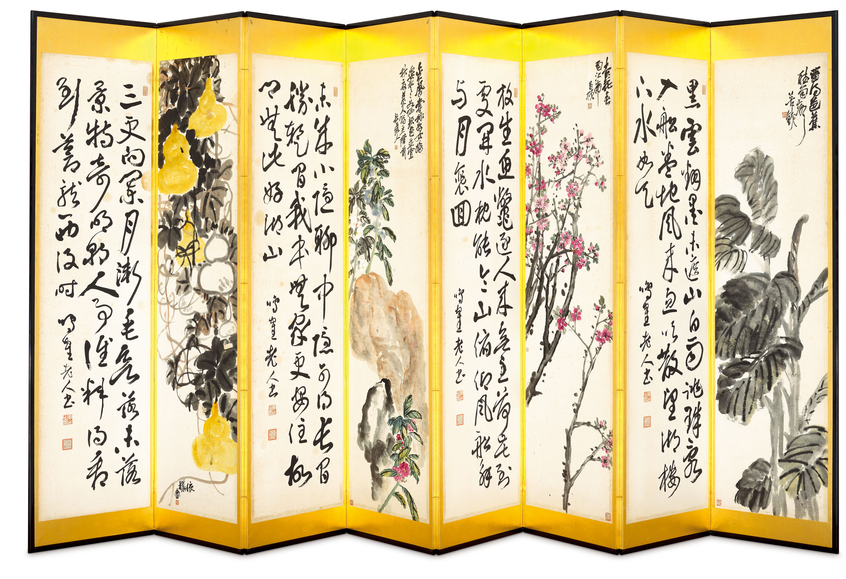 Wu Changshuo — Панно-ширмы из цветов и каллиграфии, изображение 3