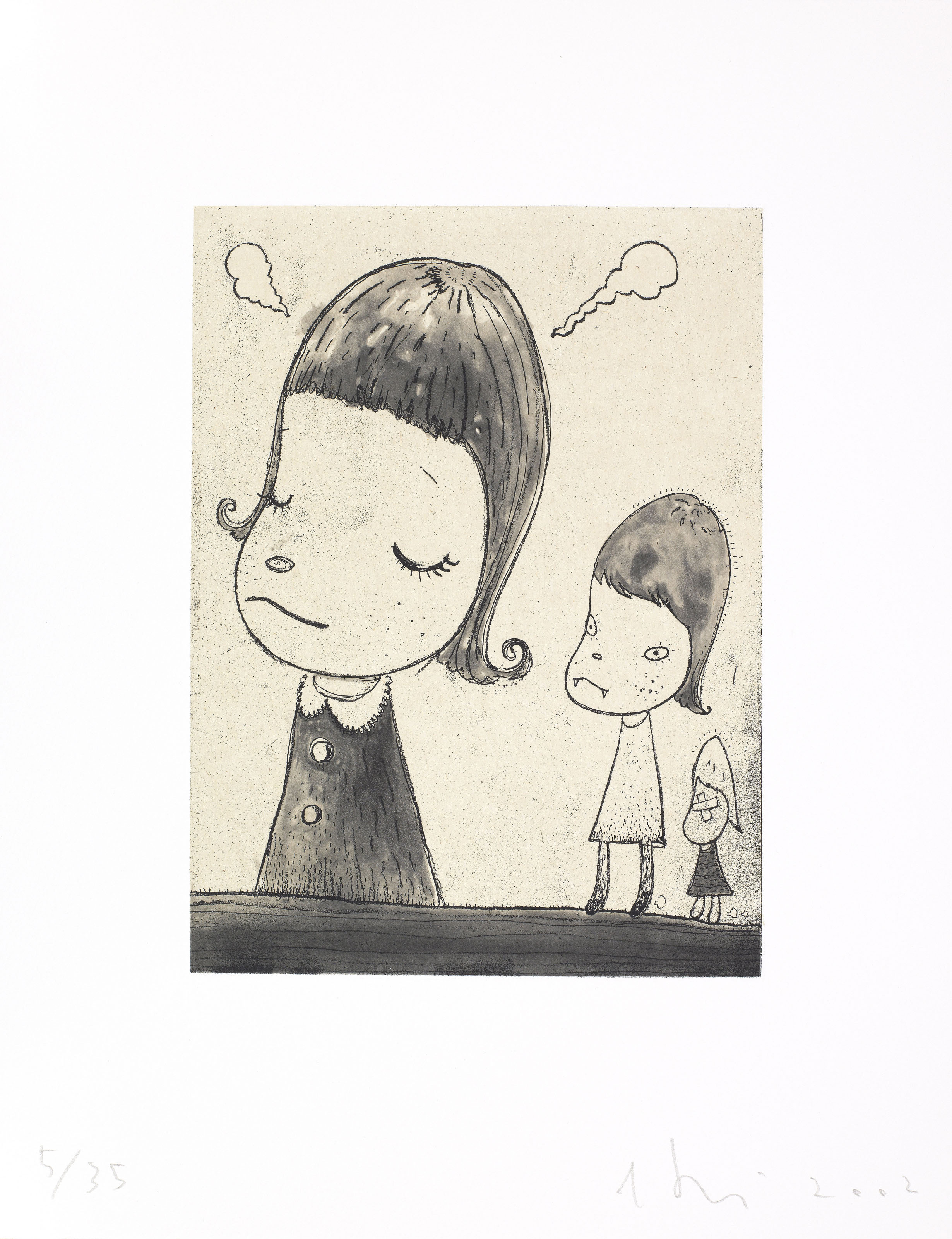 Yoshitomo Nara — Братья с насморком; Ю.Н. (автопортрет); Зеленые глаза; Ночной бродяга; На букву "Ф"; Дождливый день; Веди себя хорошо; Смирительная рубашка; Споки-офф; Туманный день; На вершине мира; и стань мыслителем, изображение 7