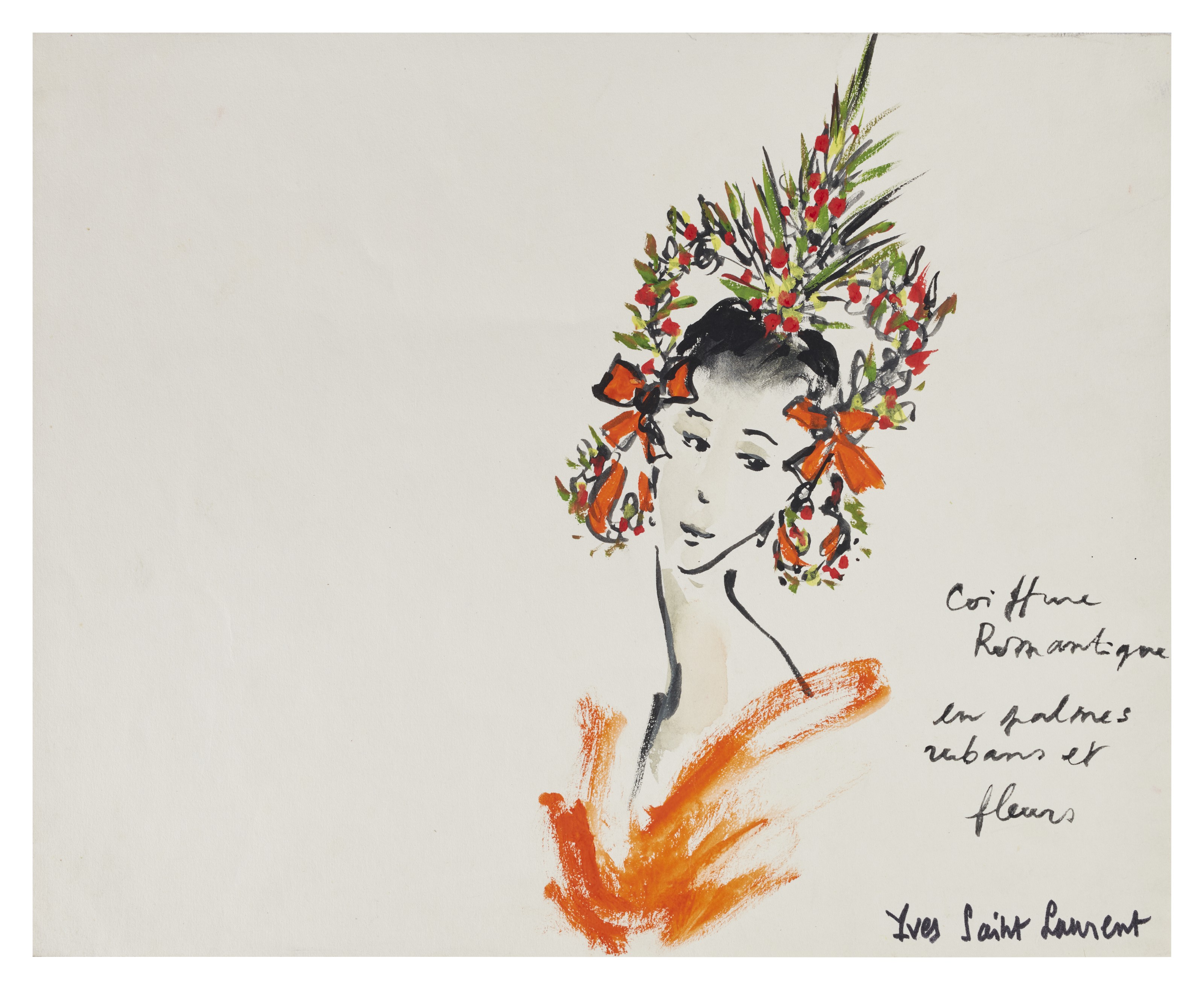 Yves Saint Laurent — Романтическая прическа с пальмами, рубанами и флером (Романтический головной убор из пальм, лент и цветов)