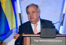 UN Secretary-General Antonio Guterres gives the annual Dag Hammarskjold lecture in Uppsala