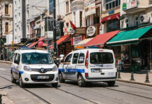Istanbul June 15 2017 Two Fatih district police cars blocking the street in the middle of the day