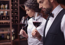 Two sommeliers male and female tasting red wine in cellar