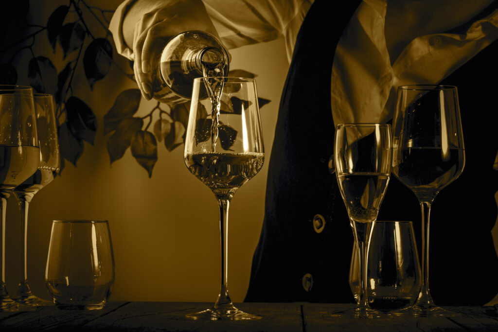 сомелье разливает вино по бокалам