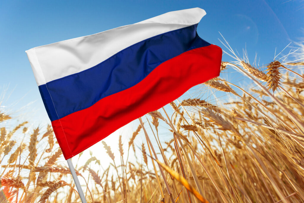 Российский флаг развевается на ветру