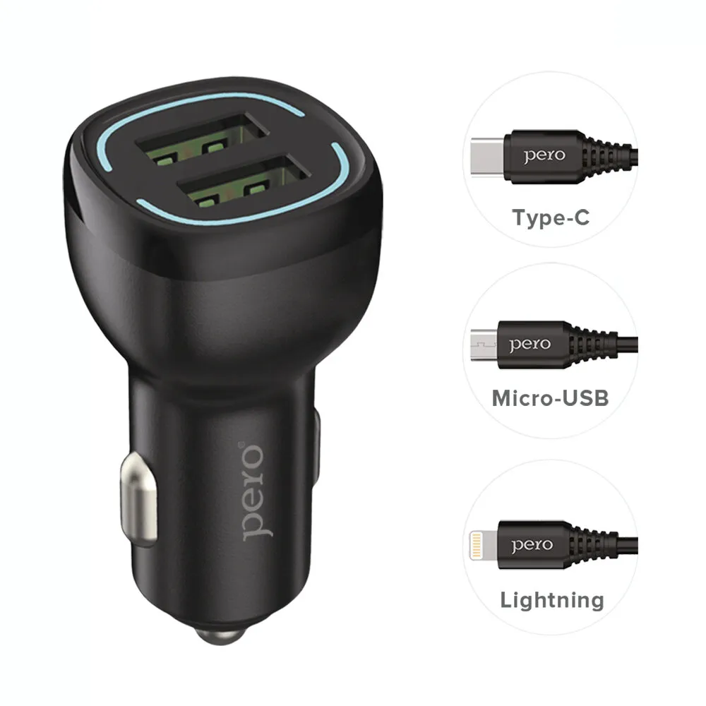 AЗУ PERO AC04 2USB 2.4A AUTOMAX c кабелем Type-C в комплекте, черное