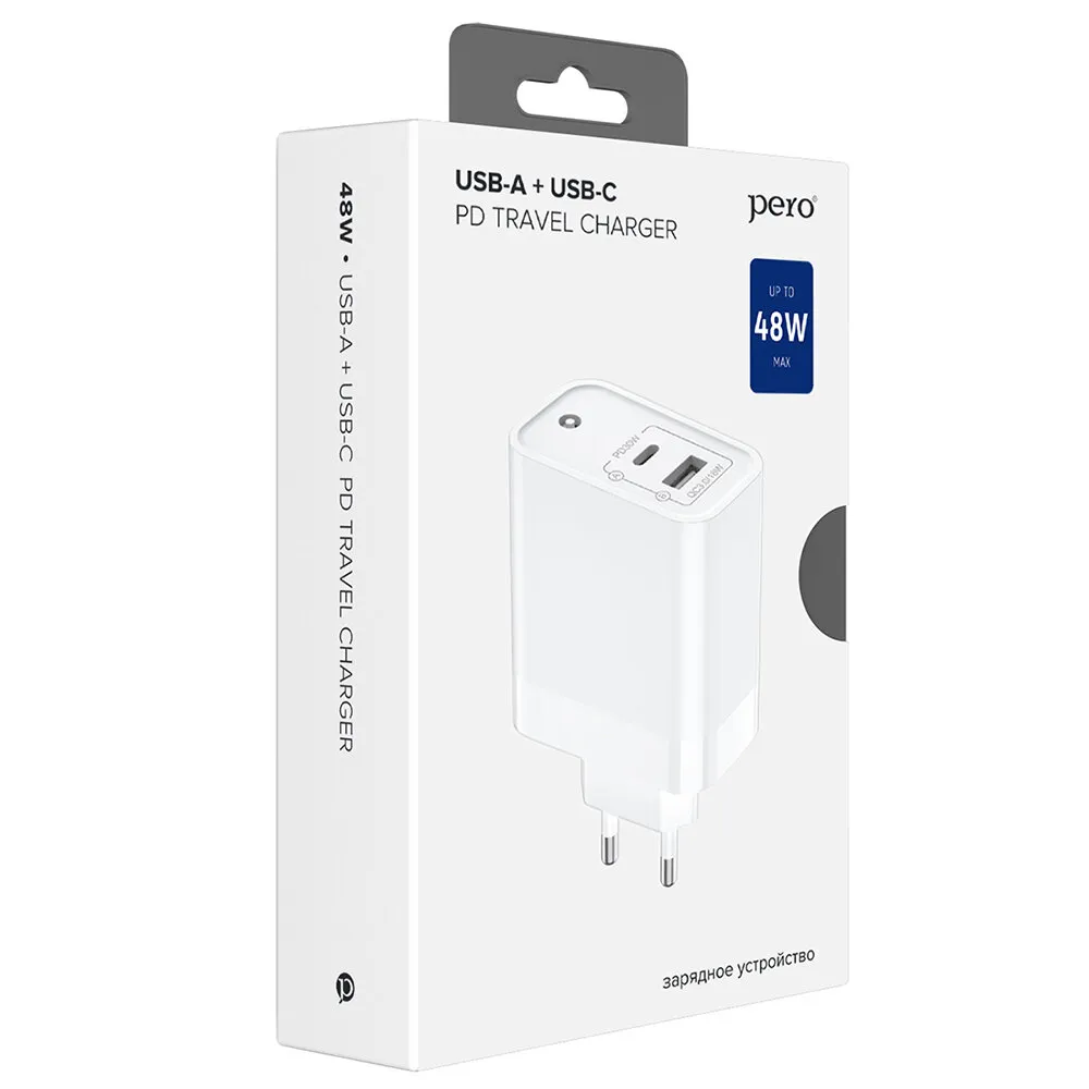 СЗУ PERO TC12 USB-A QC3.0 + USB-C PD, 48W белый