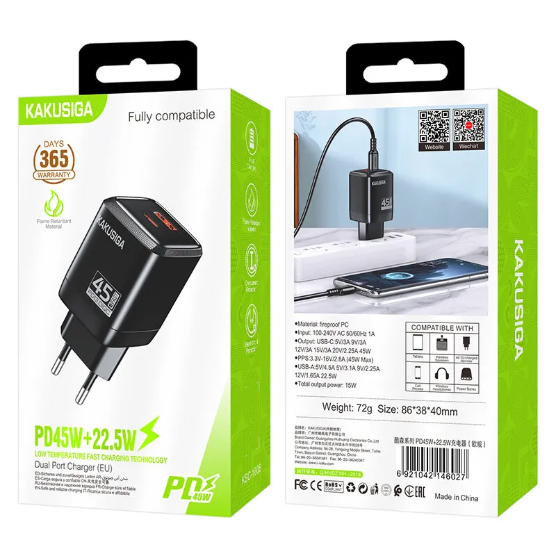 Зарядное устройство KAKUSIGA KSC-1606 PD45W + 22.5W 1 USB + 1 USB-C Black, фото 1