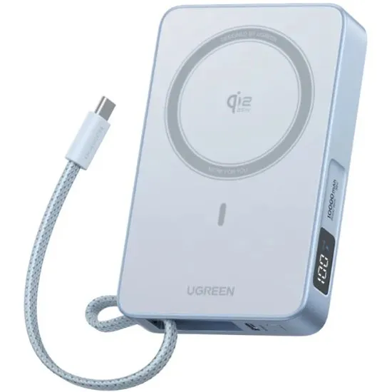 Внешний аккумулятор UGREEN PB773 (65958B) MagFlow 25W W-less 10000mAh Qi2.2 Power Bank Built-in Cable Starlight Blue, фото 1