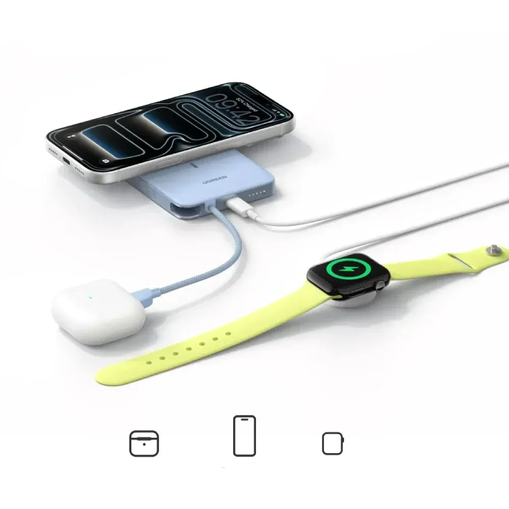 Внешний аккумулятор UGREEN PB570 (65839B) MagFlow Air Ultra-Slim 30W Magnetic 10000mAh Wireless Power Bank USB-C Cable. Цвет: серебристо-голубой