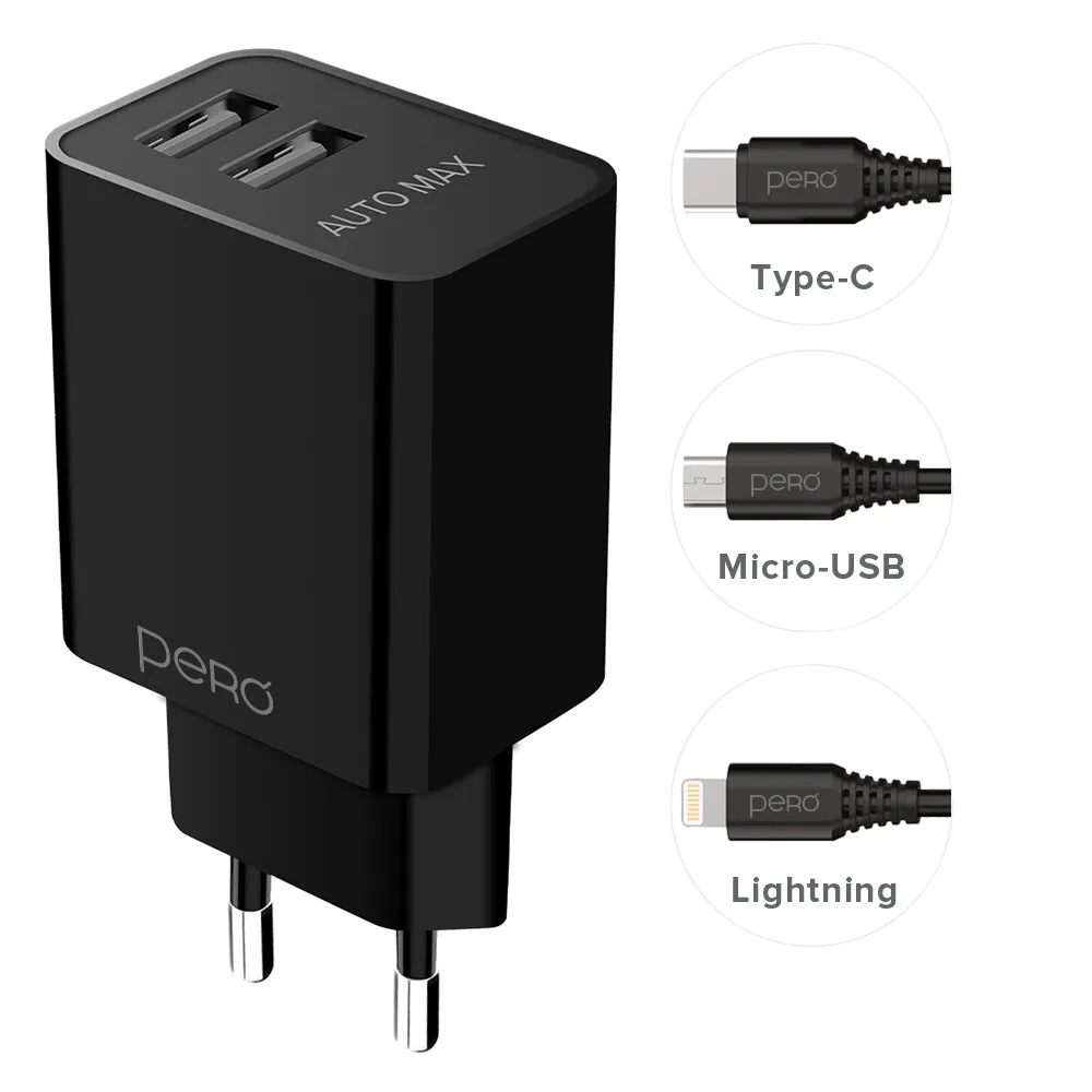 СЗУ PERO TC02 2USB 2.1A c кабелем Micro USB в комплекте, черный