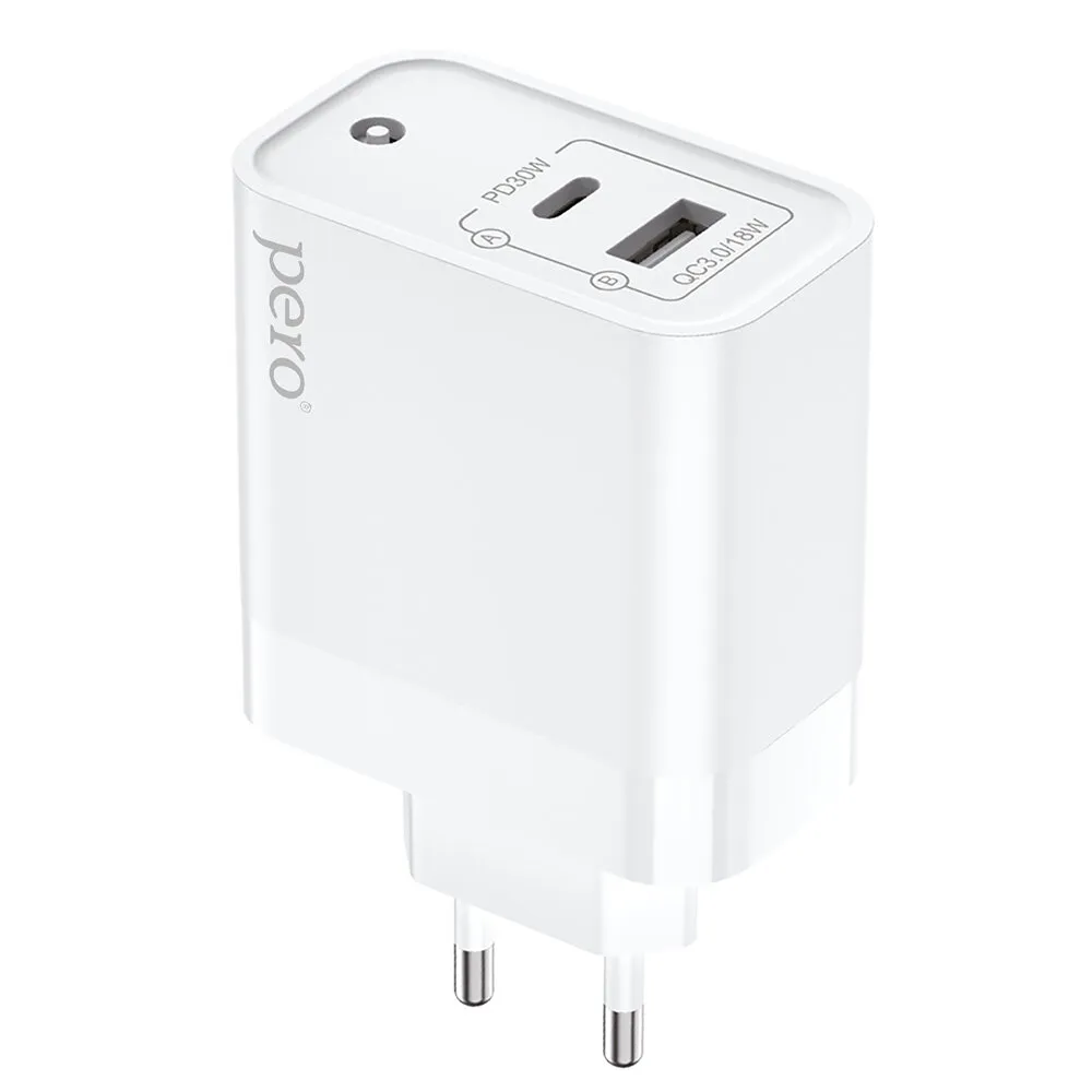 СЗУ PERO TC12 USB-A QC3.0 + USB-C PD, 48W белый, фото 1