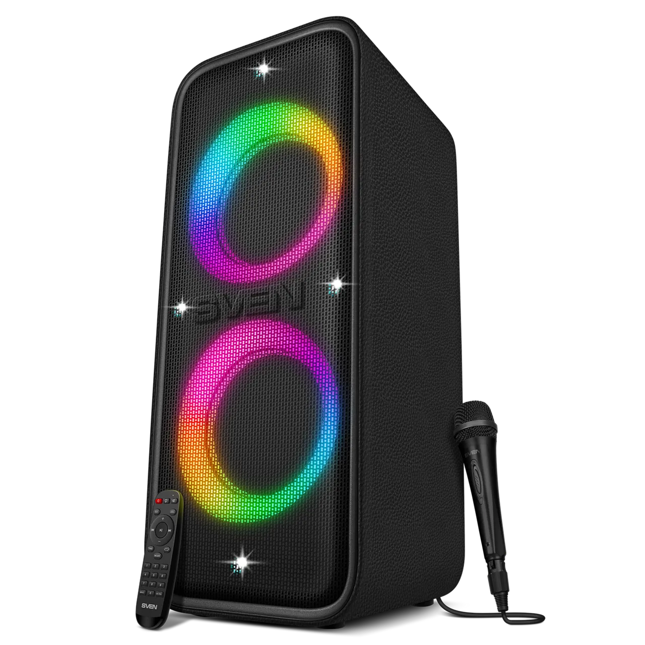 Портативная акустика SVEN PS-1650, черная кожа (650 Вт, TWS, Bluetooth, FM, USB, LED-дисплей, 9000мА*ч)