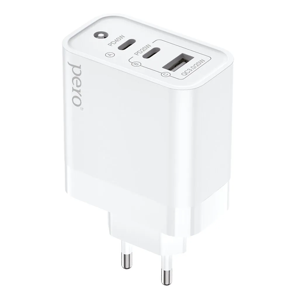 СЗУ PERO TC17 USB-A QC 3.0 + USB-C PD + USB-C PD, 65W белый