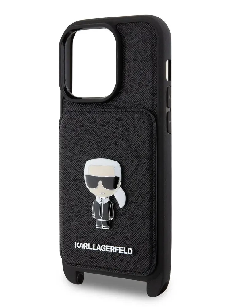 Lagerfeld для iPhone 14 Pro чехол Crossbody cardslot PU Saffiano Karl Ikonik metal Hard Black, фото 1