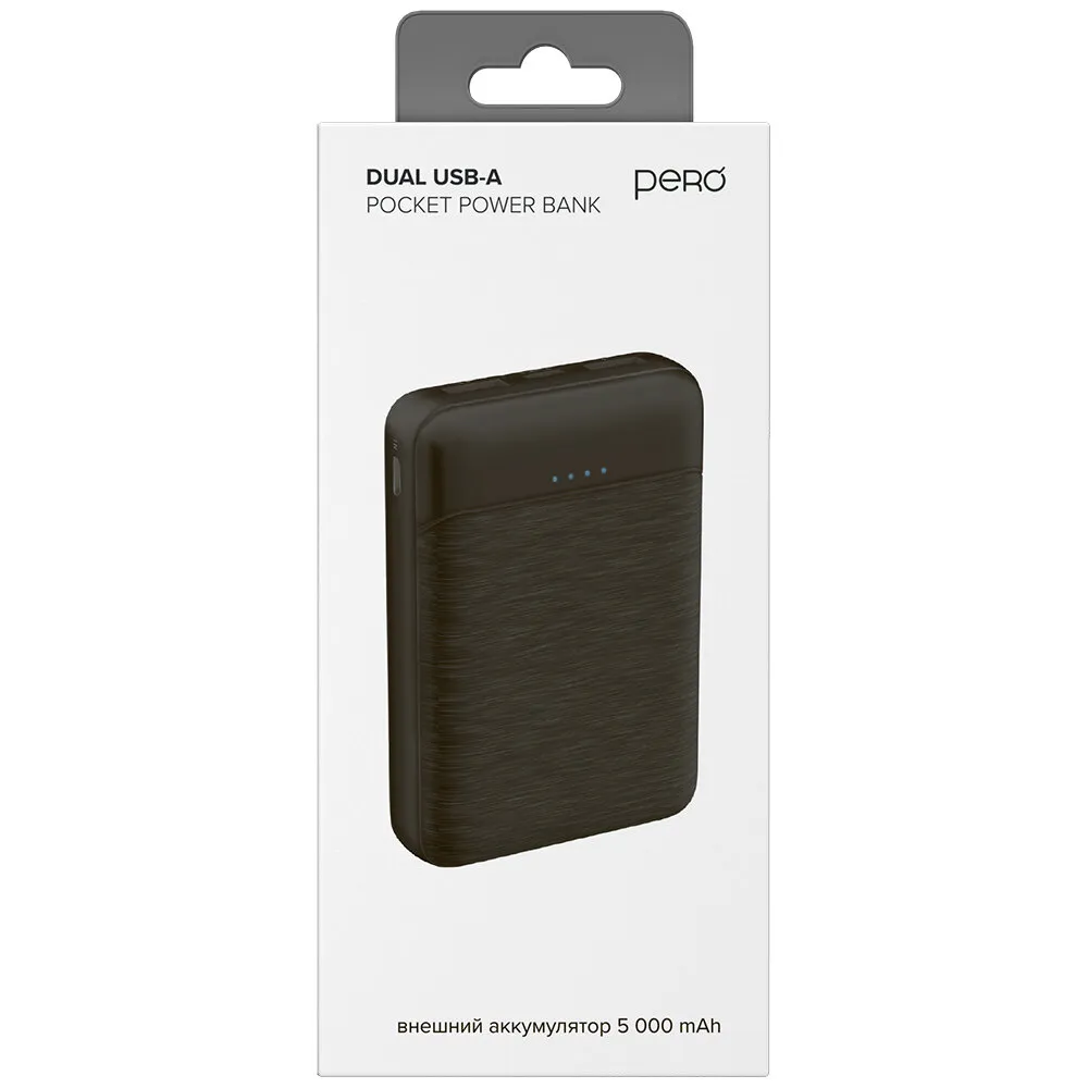 Внешний аккумулятор PERO PB01 5000 mAh, Li-Pol, output 2xUSB-A 2.1A, черный