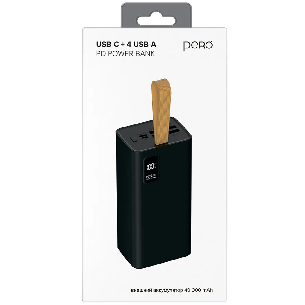 Внешний аккумулятор PERO PB08 40000 mAh, Li-Pol, output USB-C + 4 USB-A, черный