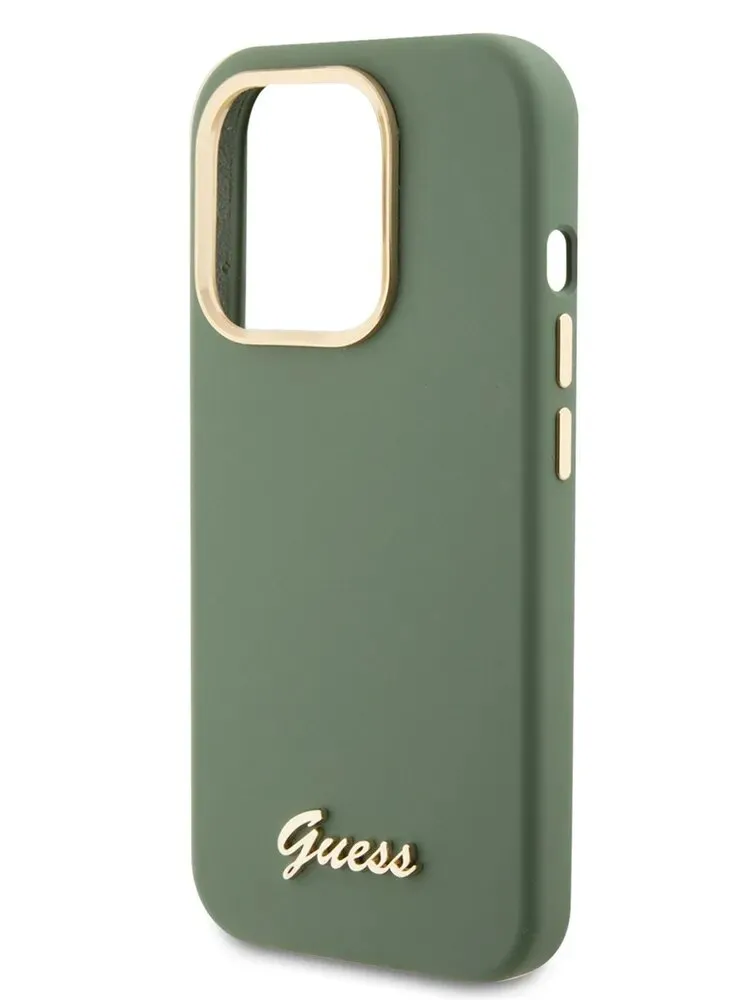 Guess для iPhone 15 Pro чехол Liquid silicone Gold metal logo & Camera frame Hard Khaki, фото 1