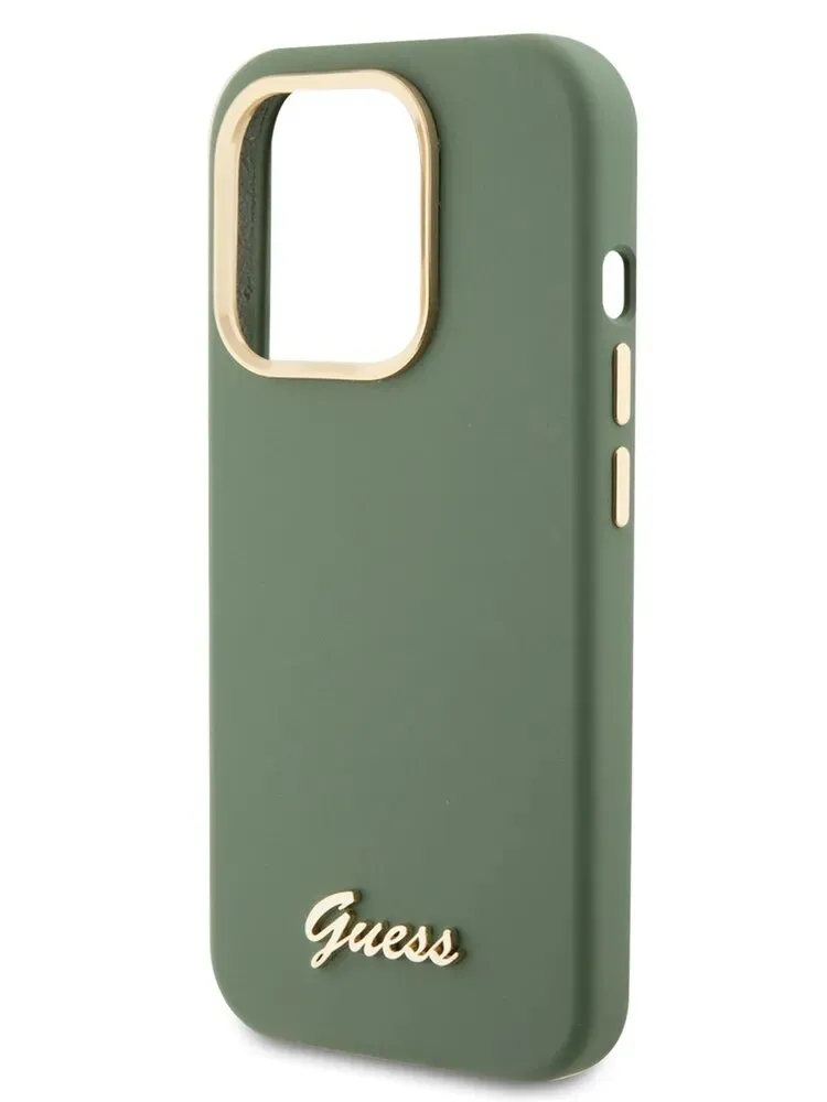 Guess для iPhone 15 Pro Max чехол Liquid silicone Gold metal logo & Camera frame Hard Khaki, фото 1