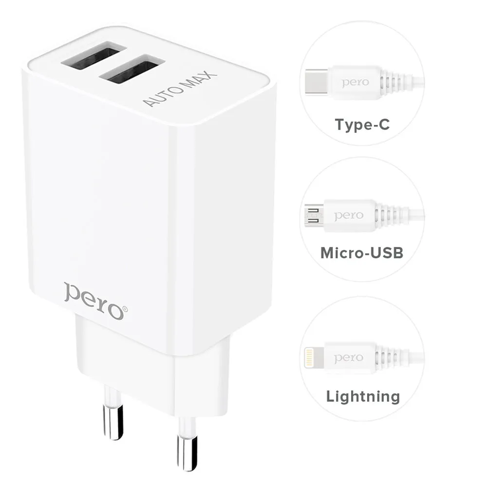 СЗУ PERO TC02 2USB 2.1A c кабелем Micro USB в комплекте, белый