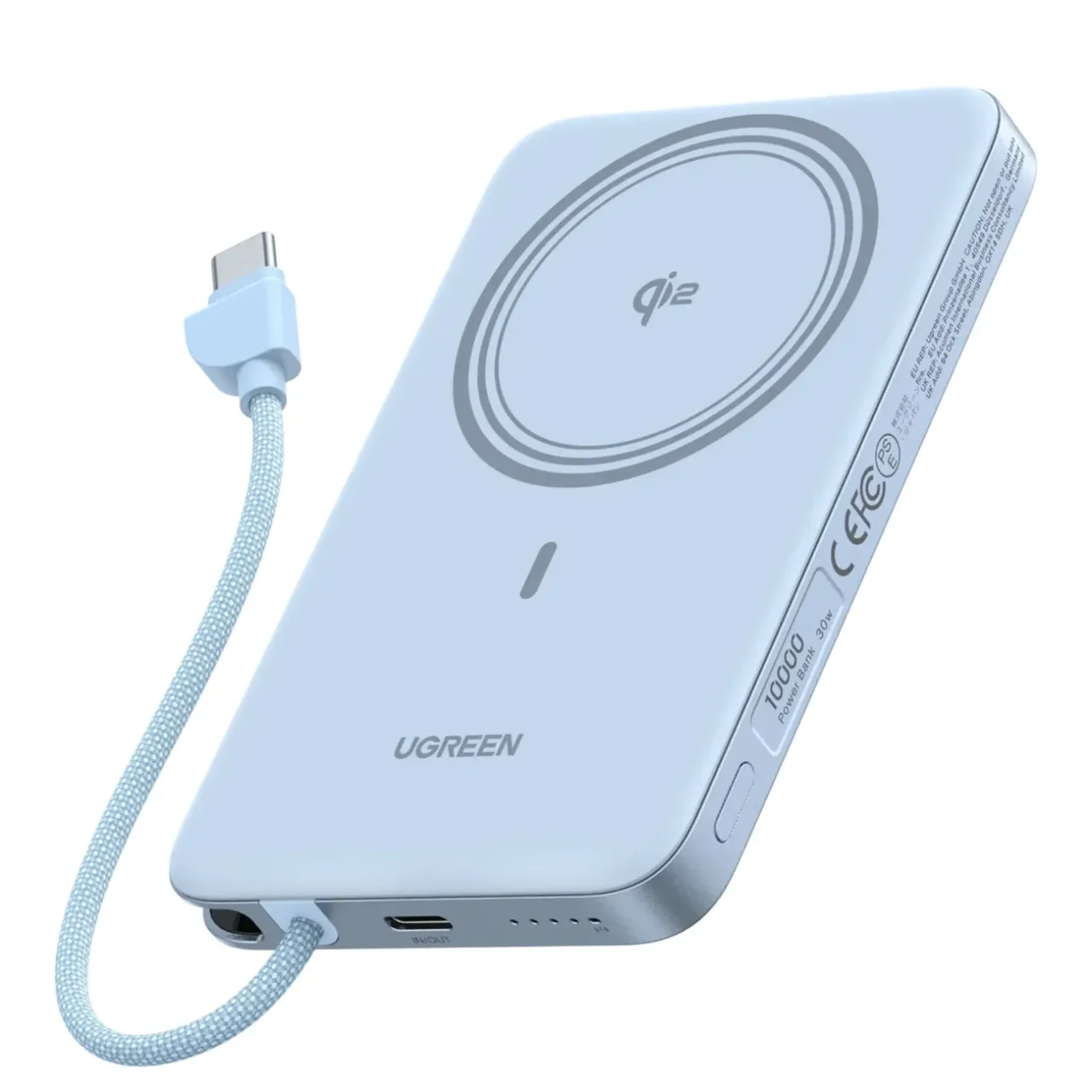 Внешний аккумулятор UGREEN PB570 (65839B) MagFlow Air Ultra-Slim 30W Magnetic 10000mAh Wireless Power Bank USB-C Cable. Цвет: серебристо-голубой, фото 1