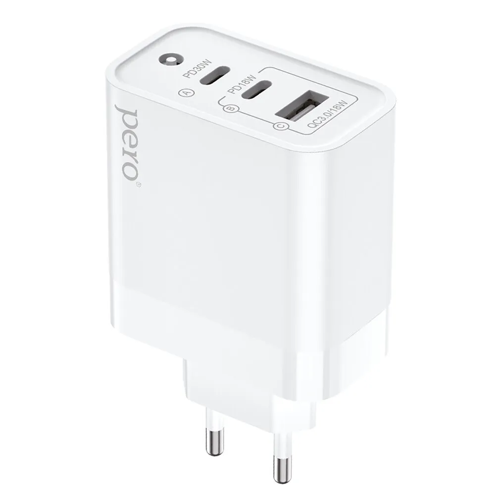 СЗУ PERO TC14 USB-A QC3.0 + USB-C PD + USB-C PD, 48W белый