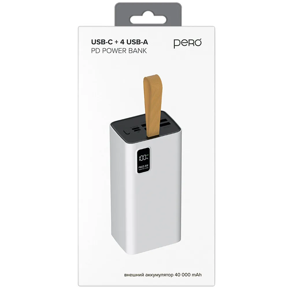 Внешний аккумулятор PERO PB08 40000 mAh, Li-Pol, output USB-C + 4 USB-A, белый