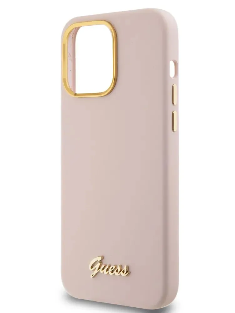 Guess для iPhone 15 Pro Max чехол Liquid silicone Gold metal logo & Camera frame Hard Pink, фото 1