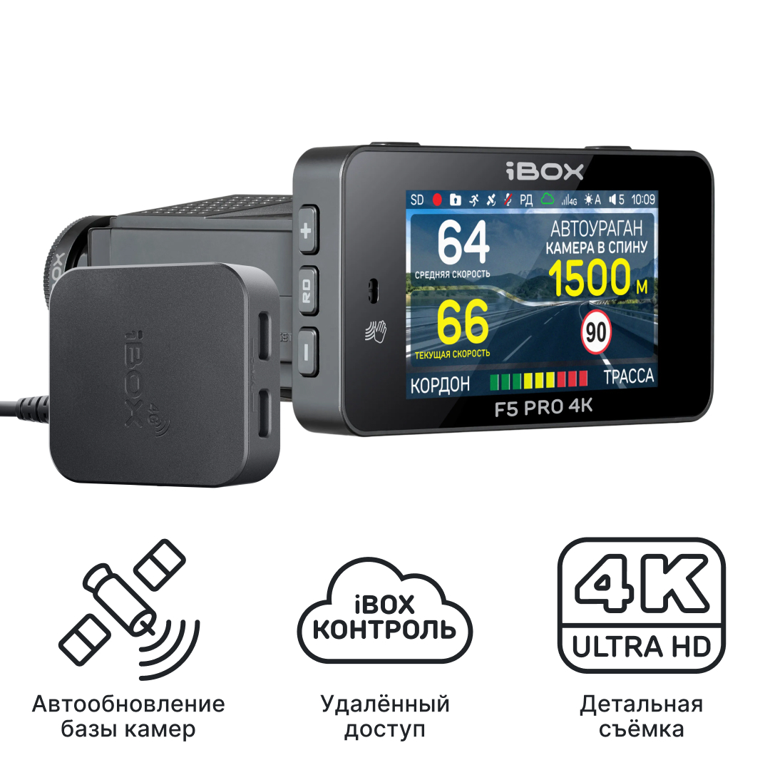 Видеорегистратор с радар-детектором iBOX F5 PRO 4K LaserScan WiFi Signature Dual + Адаптер питания Cloud Cord Type-C CC 58 с технологией Контроль