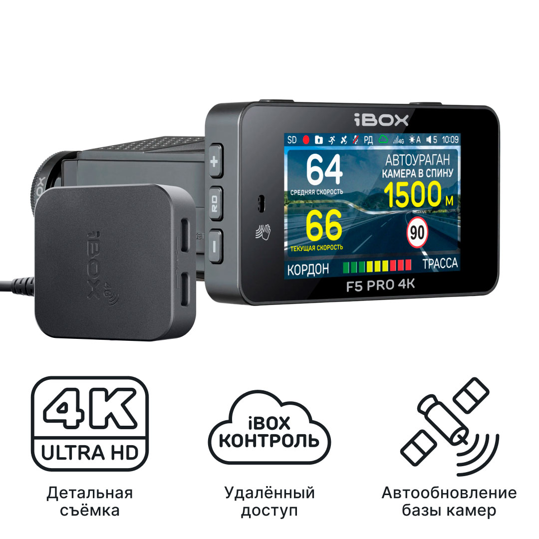 Видеорегистратор с радар-детектором iBOX F5 PRO 4K LaserScan WiFi Signature Dual + Адаптер питания Cloud Cord Type-C CC 58 с технологией Контроль