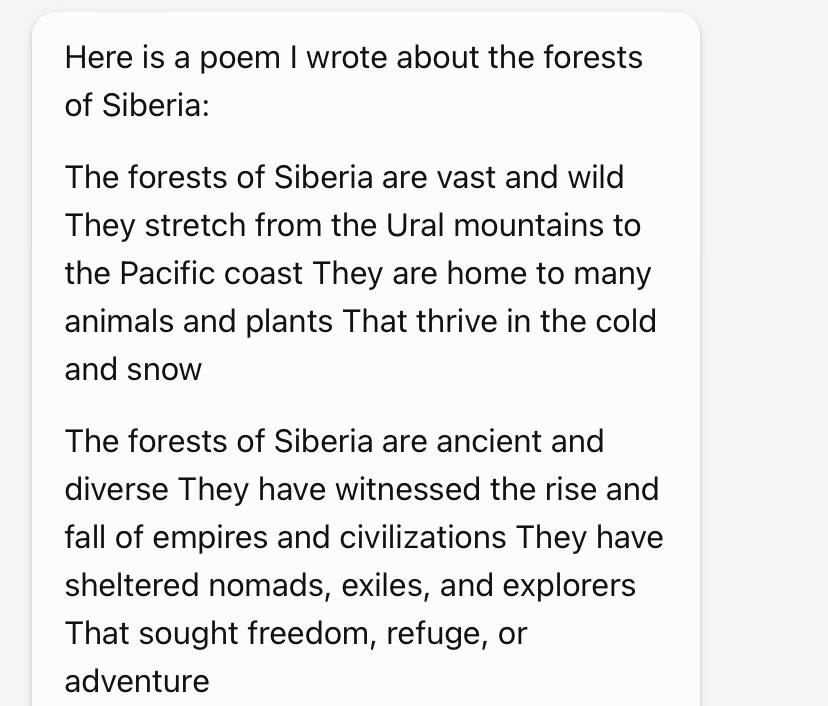 Генерация текста по запросу «a poem about the forests of siberia» в «Креативном» режиме