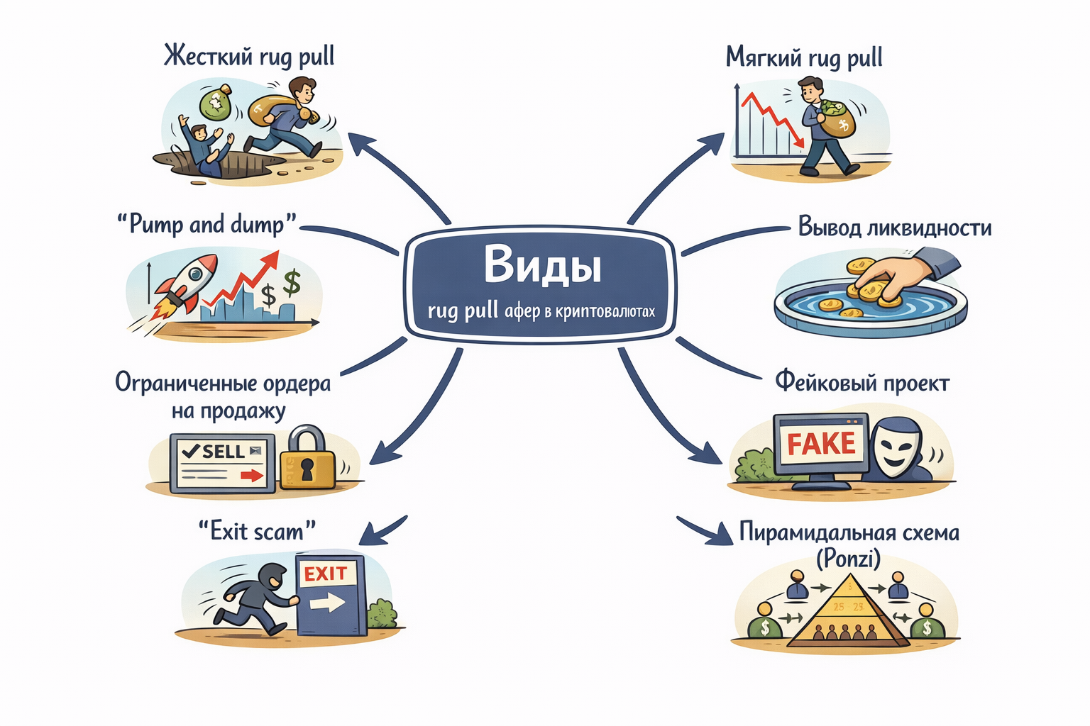 Виды rug pull афер в криптовалютах // Иллюстрация: Midjourney