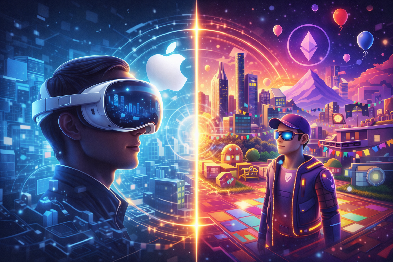Слияния метавселенных: Decentraland против Apple Vision Pro // Иллюстрация: Midjourney