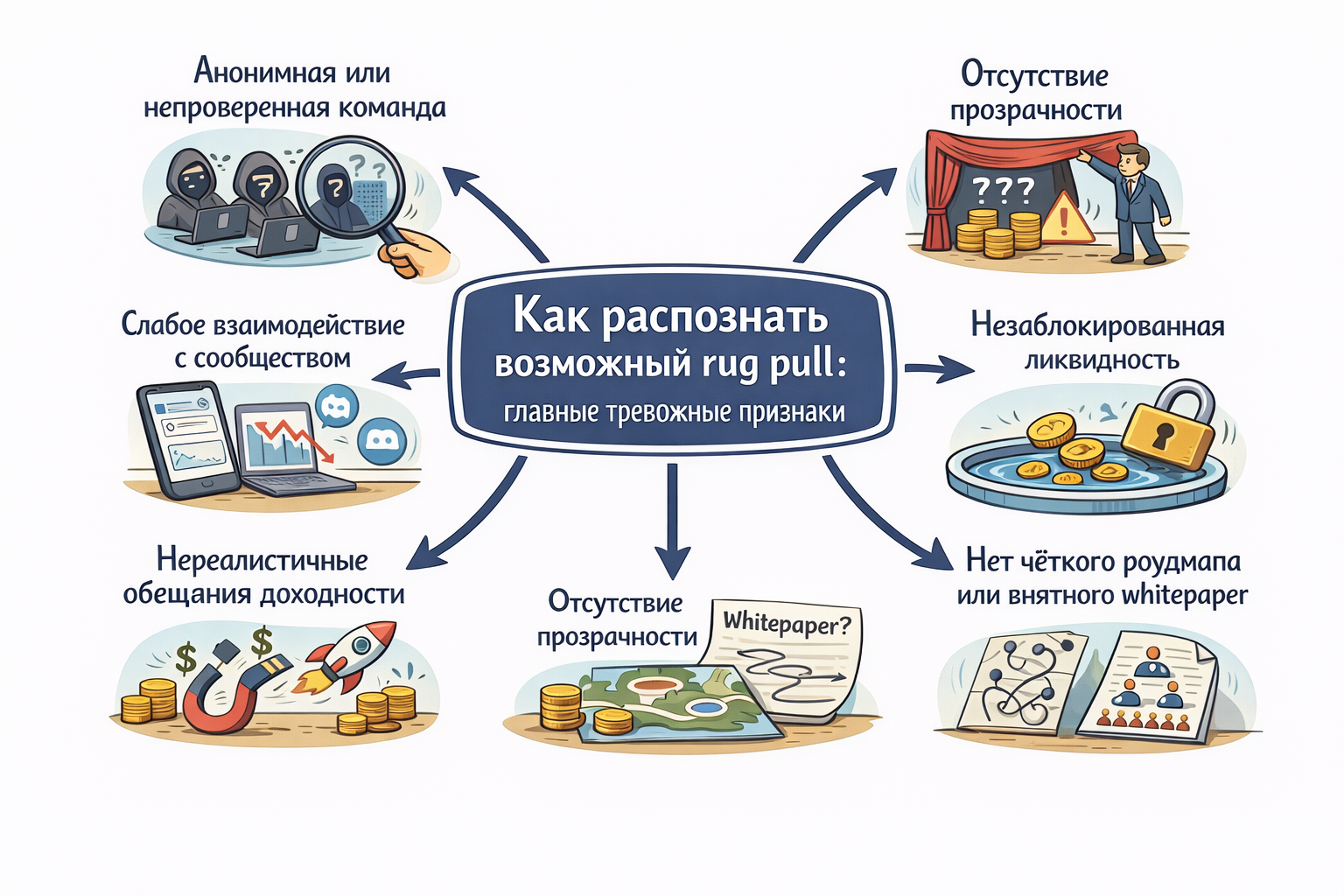 Как распознать возможный rug pull: главные тревожные признаки // Иллюстрация: Midjourney