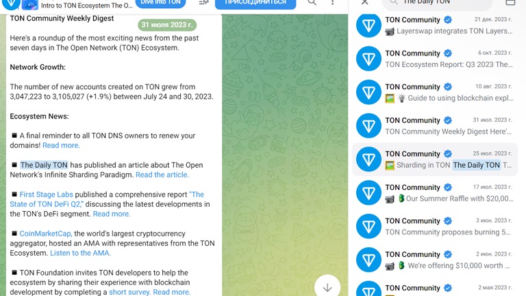 Источник: Упоминание The Daily TON в Телеграм-канале TON / beincrypto.com