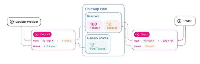 Диаграмма, показывающая, как Uniswap работает между пользователями и поставщиками ликвидности // Источник: Uniswap