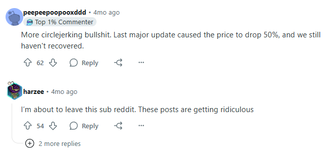 Скриншот комментариев на Reddit с критикой обновления сети и обсуждением падения цены криптовалюты // Источник: Reddit