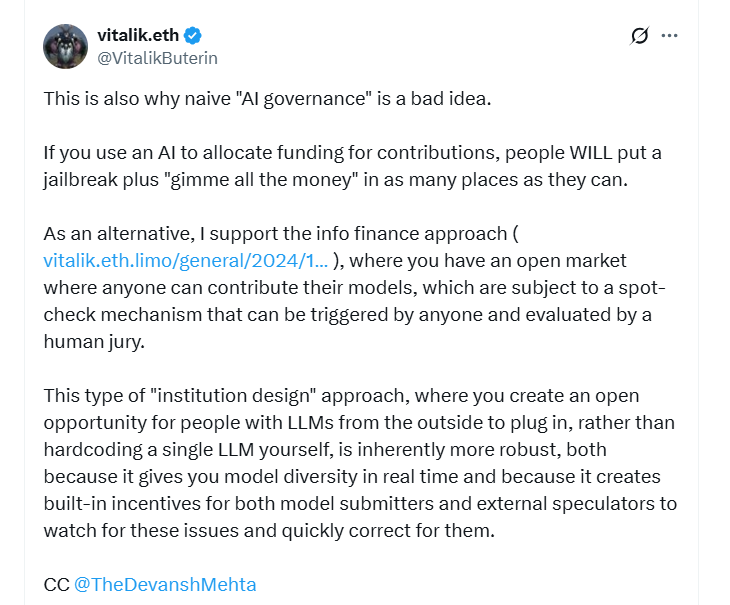 Виталик Бутерин о рисках AI governance и альтернативной модели управления финансированием // Источник: X (Twitter)
