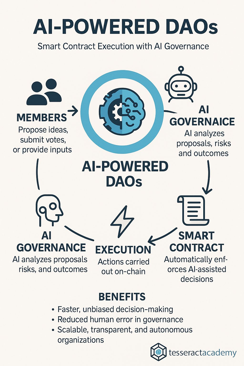Инфографика AI-powered DAO с циклом governance, анализом ИИ и исполнением смарт-контрактов // Источник: Tesseract Academy