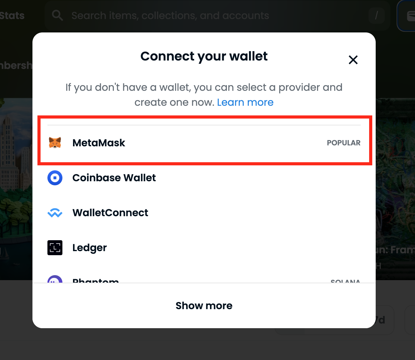 Подключение кошелька на OpenSea