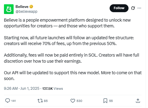 Believe поднимает долю создателей до 70% и переводит комиссии целиком в SOL // Источник: Аккаунт Believe в Х