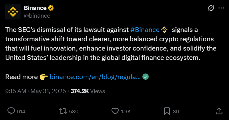 Binance приветствует отказ SEC от иска и ожидает обновления крипторегуляции // Источник: Аккаунт Binance в X