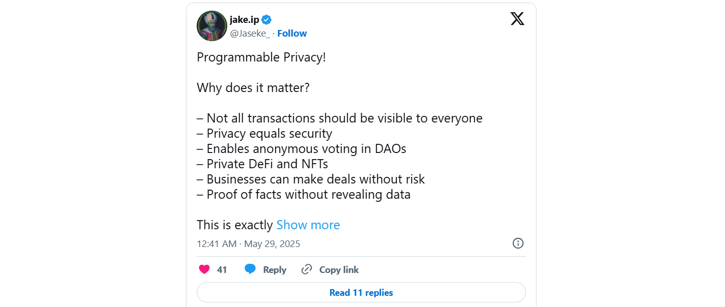 Обсуждение programmable privacy и её роли в DeFi и DAO // Источник: X (бывший Twitter)