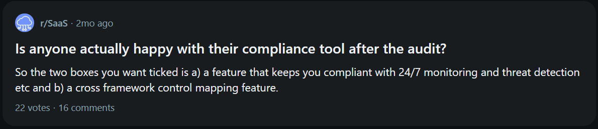 Скриншот обсуждения о выборе compliance-инструментов после аудита Источник: Reddit