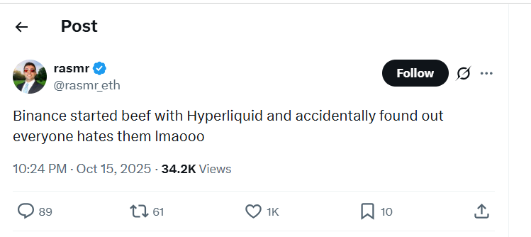 Реакция сообщества на конфликт между Binance и Hyperliquid // Источник: Аккаунт rasmr в социальной сети Х